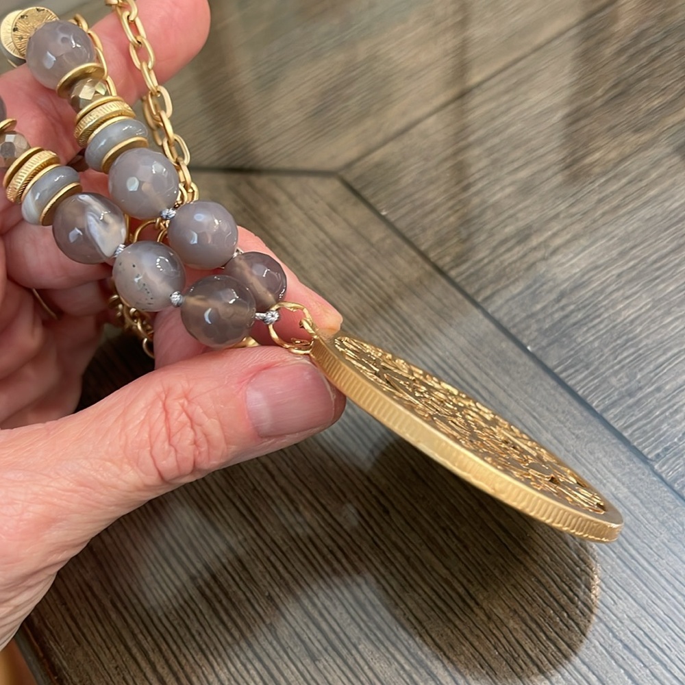 Matte Gold-tone Chain Grey Beads and Large Medallion - Picture 15 of 16